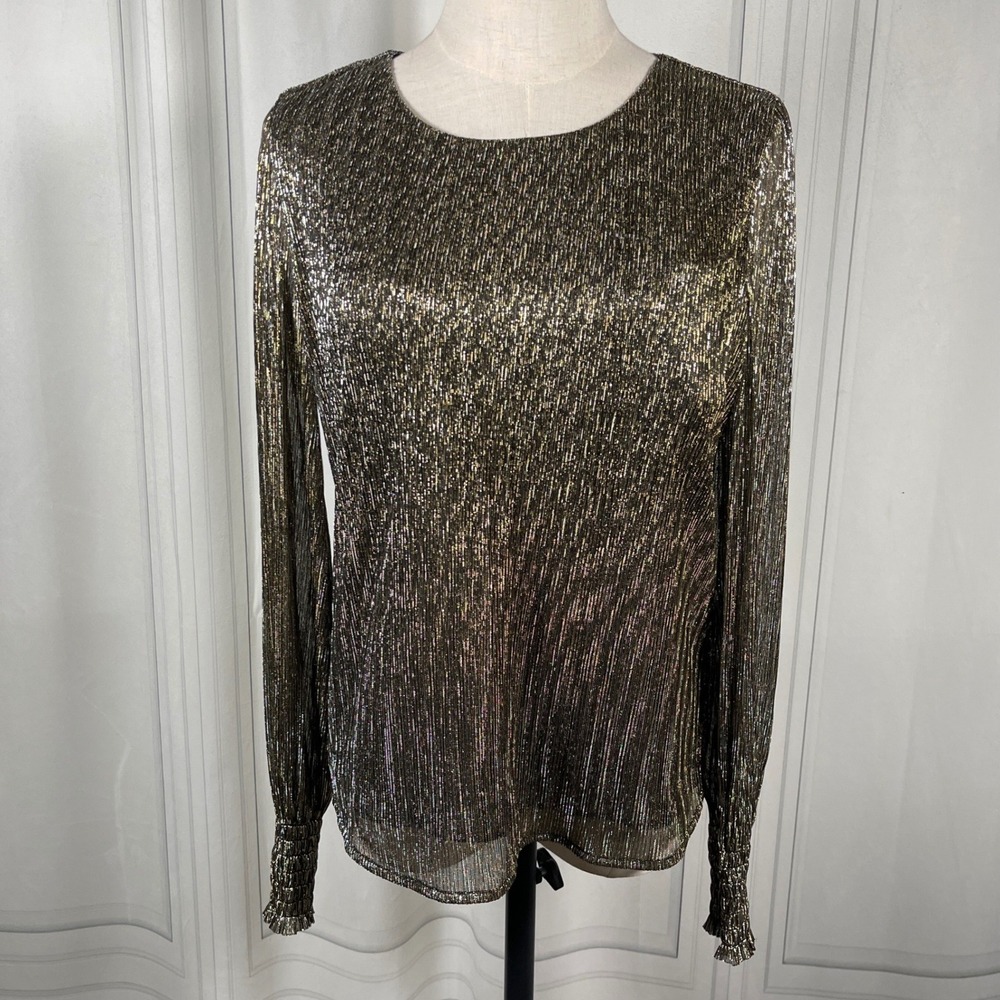 NWT - Banana‎ Republic Metallic Smocked-Sleeve Blouse Gold Silver Black XS